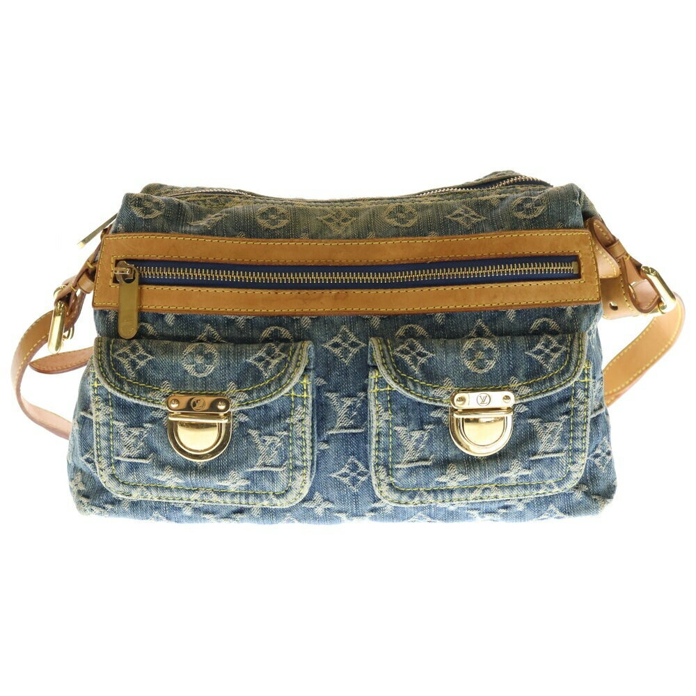 Louis Vuitton Monogram Denim Baggy Denim Shoulder Bag Brown Indigo Blue Leather